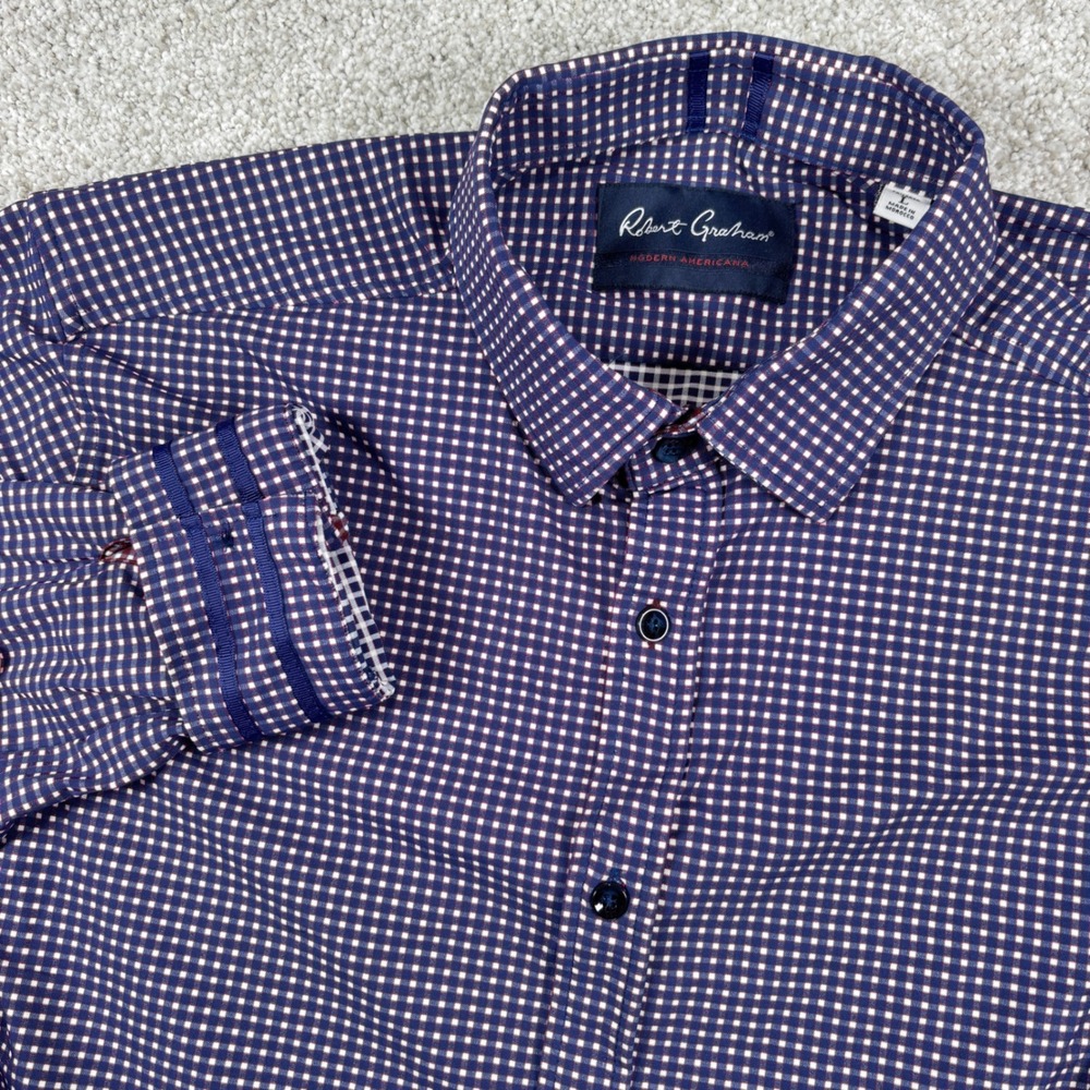Robert Graham Button Down Shirt Mens Large Navy Blue Check Modern Americana